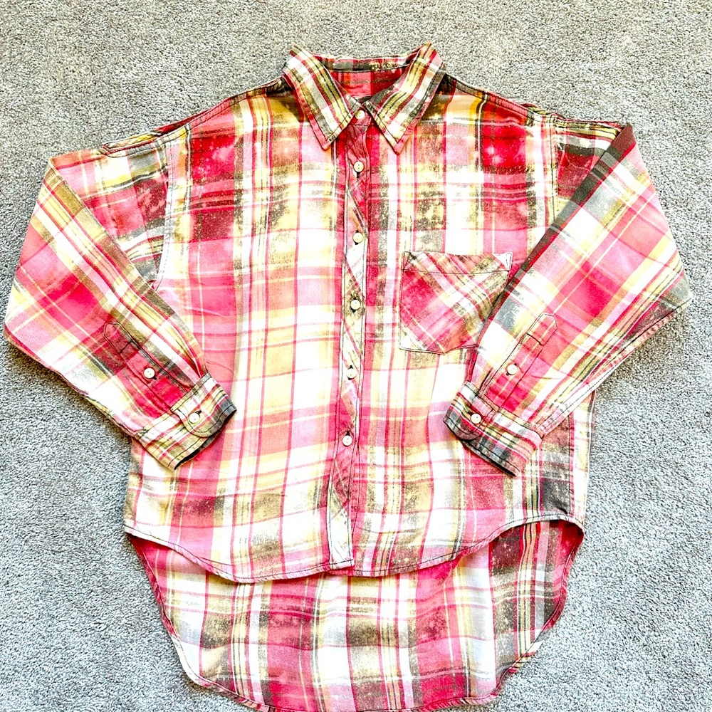 Vintage flannel bleached cold open shoulder women’s shirt top plaid small blouse
